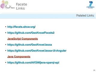 19
Facete
Links
Related LinksRelated Links
●
http://facete.aksw.org/http://facete.aksw.org/
●
https://github.com/GeoKnow/F...