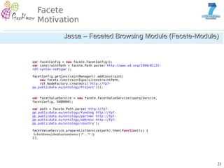 21
Facete
Motivation
Jassa – Faceted Browsing Module (Facete-Module)Jassa – Faceted Browsing Module (Facete-Module)
var fa...