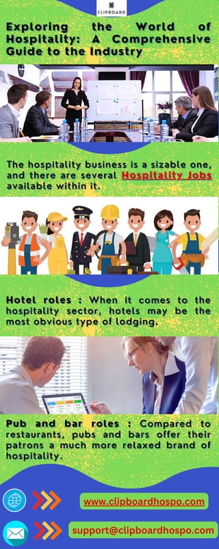 What's in for you
next month?
Exploring the World of
Exploring the World of
Hospitality: A Comprehensive
Hospitality: A Comprehensive
Guide to the Industry
Guide to the Industry
The hospitality business is a sizable one,
The hospitality business is a sizable one,
and there are several
and there are several Hospitality Jobs
Hospitality Jobs
available within it.
available within it.
Hotel roles :
Hotel roles : When it comes to the
When it comes to the
hospitality sector, hotels may be the
hospitality sector, hotels may be the
most obvious type of lodging.
most obvious type of lodging.
Pub and bar roles :
Pub and bar roles : Compared to
Compared to
restaurants, pubs and bars offer their
restaurants, pubs and bars offer their
patrons a much more relaxed brand of
patrons a much more relaxed brand of
hospitality.
hospitality.
www.clipboardhospo.com
support@clipboardhospo.com
 