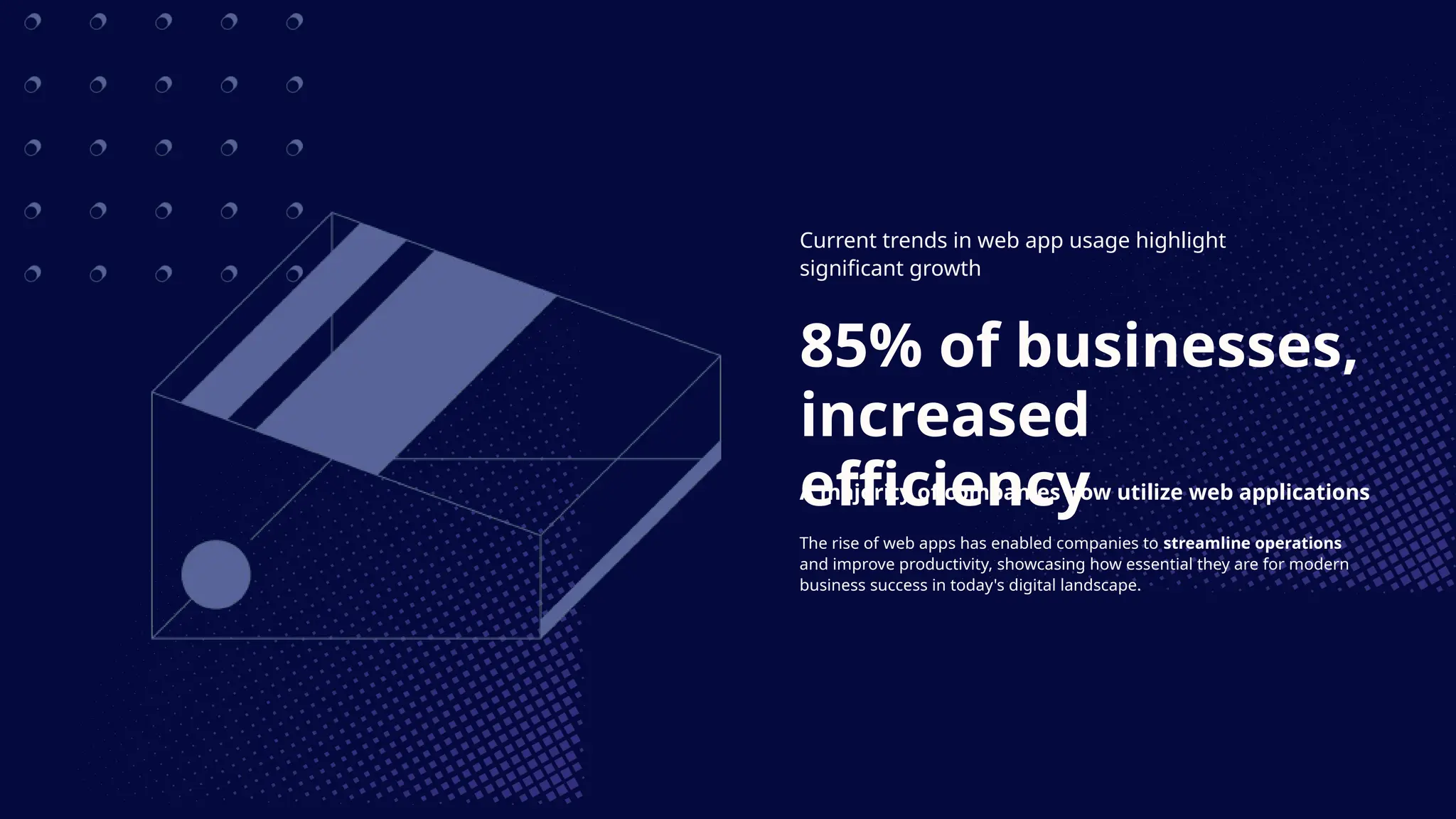 Current trends in web app usage highlight
significant growth
85% of businesses,
increased
efficiency
A majority of companies now utilize web applications
The rise of web apps has enabled companies to streamline operations
and improve productivity, showcasing how essential they are for modern
business success in today's digital landscape.
 