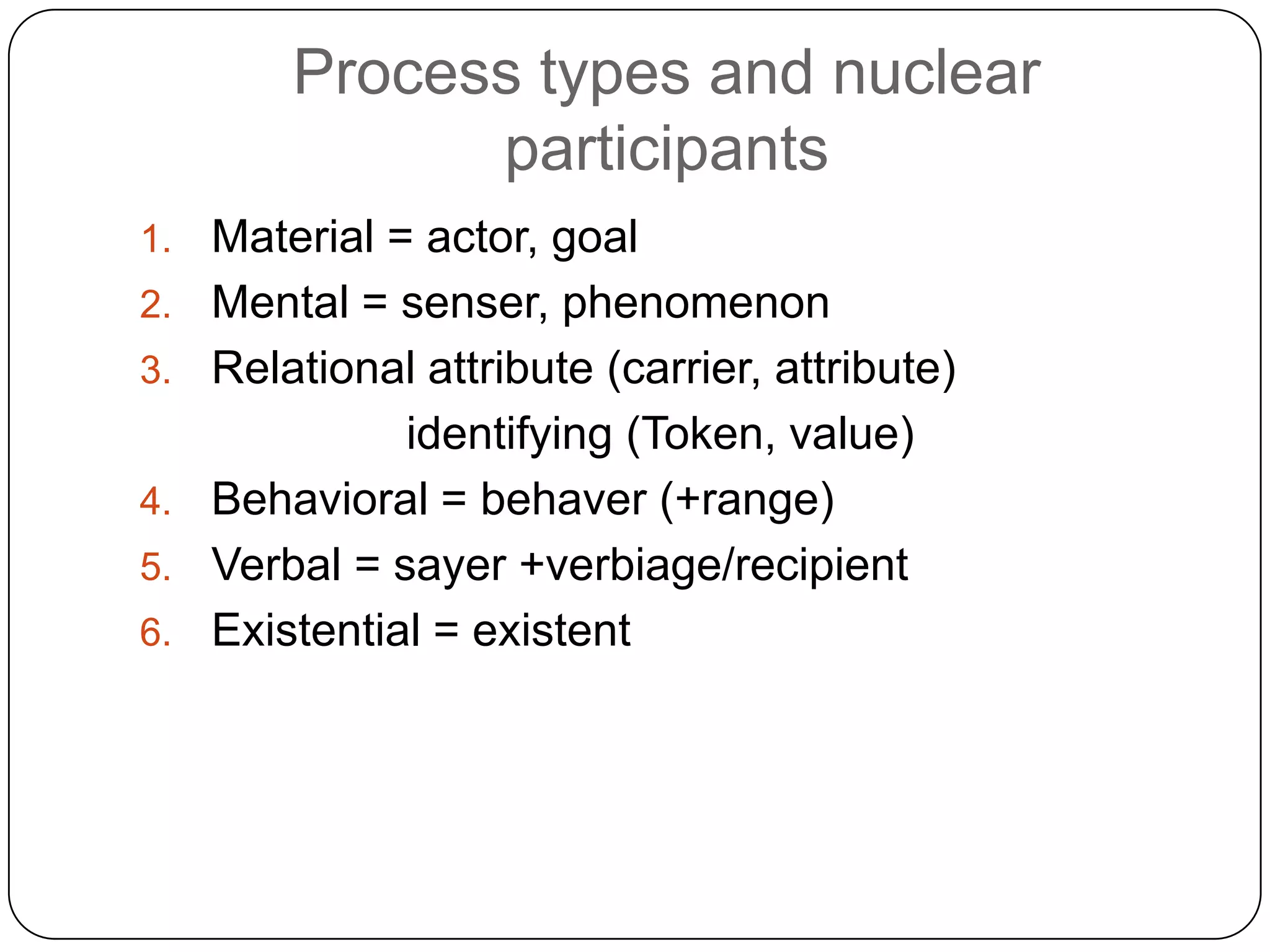 Process types and nuclear
participants
1.
2.
3.
4.

5.
6.

Material = actor, goal
Mental = senser, phenomenon
Relational attribute (carrier, attribute)
identifying (Token, value)
Behavioral = behaver (+range)
Verbal = sayer +verbiage/recipient
Existential = existent

 