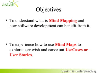 Objectives
    • To understand what is Mind Mapping and
      how software development can benefit from it.



    • To experience how to use Mind Maps to
      explore user wish and carve out UseCases or
      User Stories.


2                                 Seeing is understanding.
 