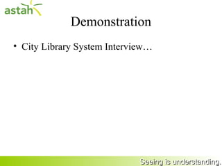 Demonstration
     • City Library System Interview…
       – I will visit my client at a city library
       – And Using mindmapping, I interview to gather
         user wish.

       – Bit goes like …(have fun)




29                                    Seeing is understanding.
 