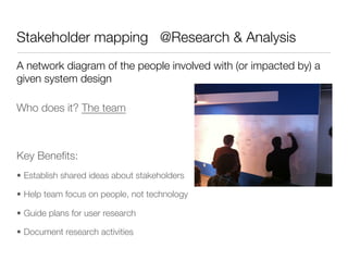 Stakeholder mapping @Research & Analysis
A network diagram of the people involved with (or impacted by) a
given system design

Who does it? The team





Key Beneﬁts:
•  Establish shared ideas about stakeholders

•  Help team focus on people, not technology

•  Guide plans for user research

•  Document research activities
 