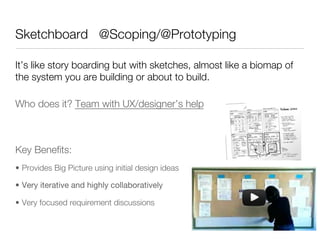 Sketchboard @Scoping/@Prototyping

It’s like story boarding but with sketches, almost like a biomap of
the system you are building or about to build.

Who does it? Team with UX/designer’s help






Key Beneﬁts:
•  Provides Big Picture using initial design ideas

•  Very iterative and highly collaboratively

•  Very focused requirement discussions
 