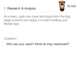 10 min
1. Research & Analysis

As a team, grab one (new) technique from the ﬁrst
stage (column) and apply it to start building your
Mobile App



Question: 
    Who are your users? What do they need/want?
 