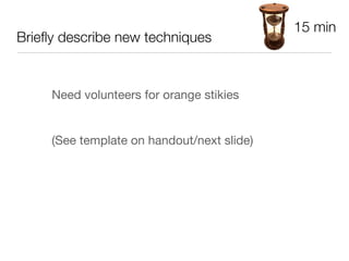 15 min
Brieﬂy describe new techniques


     Need volunteers for orange stikies
     

     (See template on handout/next slide)
 