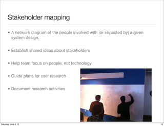Stakeholder mapping

       • A network diagram of the people involved with (or impacted by) a given
         system design.


       • Establish shared ideas about stakeholders


       • Help team focus on people, not technology


       • Guide plans for user research


       • Document research activities




Tuesday, June 12, 12
 