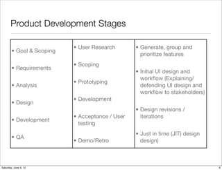 Product Development Stages

                          • User Research       • Generate, group and
       • Goal & Scoping
                                                  prioritize features
                          • Scoping
       • Requirements
                                                • Initial UI design and
                                                  workﬂow (Explaining/
                          • Prototyping
       • Analysis                                 defending UI design and
                                                  workﬂow to stakeholders)
                          • Development
       • Design
                                                • Design revisions /
                          • Acceptance / User     iterations
       • Development
                            testing
                                                • Just in time (JIT) design
       • QA
                          • Demo/Retro            design)



Tuesday, June 12, 12
 