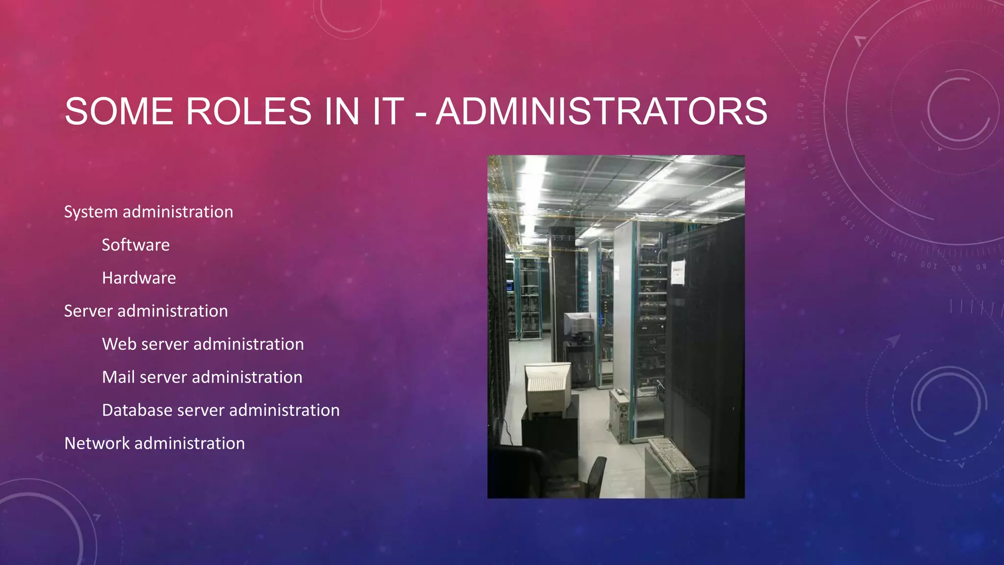SOME ROLES IN IT - ADMINISTRATORS System administration Software Hardware Server administration Web server administration Mail server administration Database server administration Network administration 