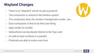 Integrated Computer Solutions Inc. www.ics.com
Wayland Changes
- There is no “Wayland” server its just a protocol
- The compositor is central to the window system
- The compositor does the window management, render , etc..
- Each compositor is free to do their own thing
- Apps render to a buffer
- Subsurfaces can be placed relative to the Top Level
- As well as layer surfaces (i.e panels)
- Protocols are able to evolve over time
 