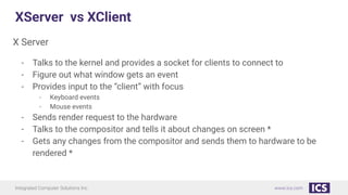 Integrated Computer Solutions Inc. www.ics.com
XServer vs XClient
- Talks to the kernel and provides a socket for clients to connect to
- Figure out what window gets an event
- Provides input to the “client” with focus
- Keyboard events
- Mouse events
- Sends render request to the hardware
- Talks to the compositor and tells it about changes on screen *
- Gets any changes from the compositor and sends them to hardware to be
rendered *
X Server
 