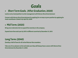 • Short Term Goals. (After Graduation, 2020)
Land an entry-level position in artist management with Warner Bros Entertainment
Connect with Warner Bros Entertainment by applying for an temp to perm position by applying for
music coordinator Linked-in by April 25, 2020
• Mid Term: (2025)
Bring more talented artist to expand the notoriety to the company.
Expand more fans each year by 35% in different countries by December 31, 2015
Long Term: (2040)
Develop a Hall of Fame for all retired Warner Bros members.
Take care of our pioneers artist and make sure they will always have a career with Warner Bros
Entertainment by December 31, 2040.
Goals
 