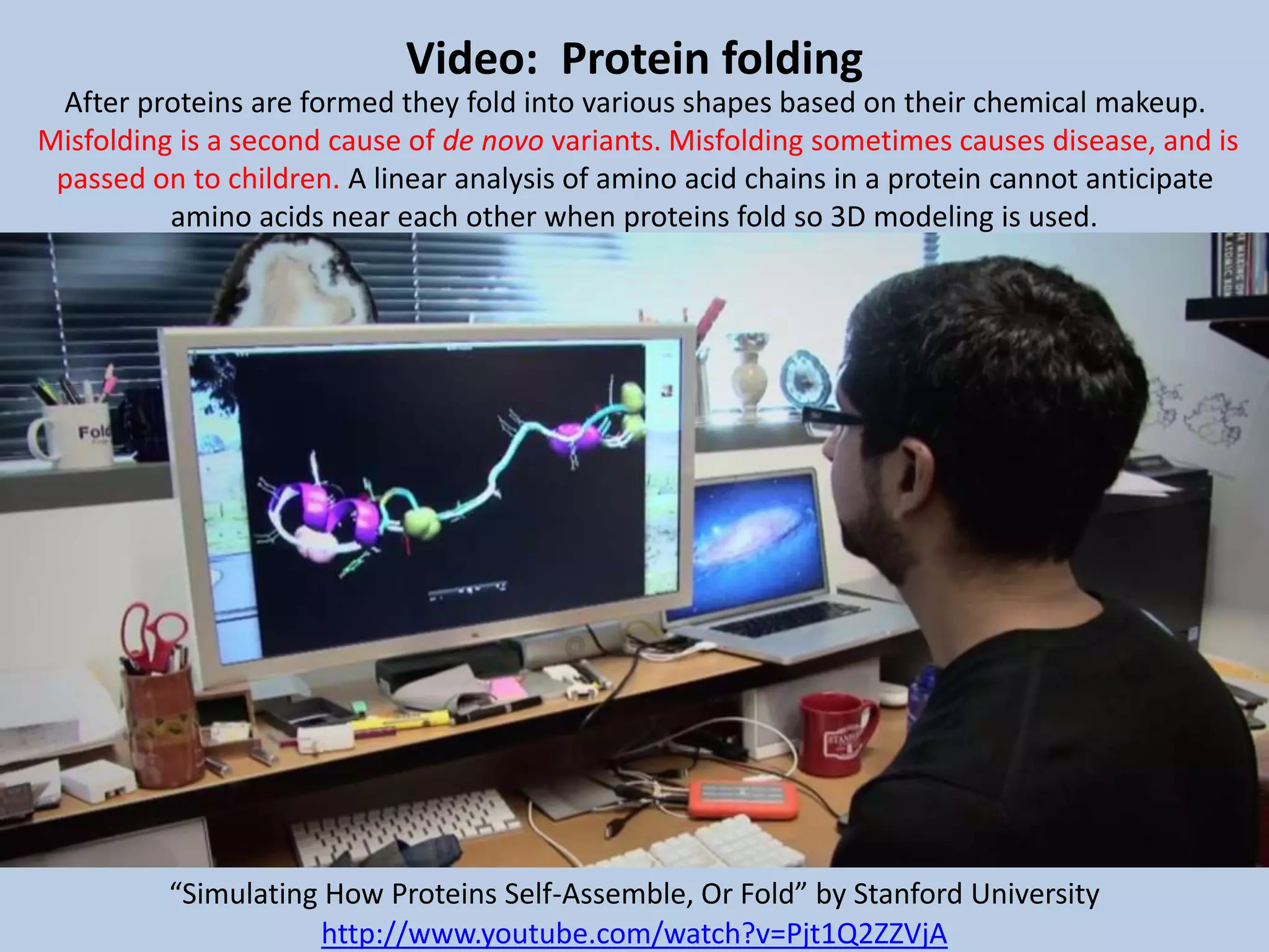 After proteins are formed they fold into various shapes based on their chemical makeup.
Misfolding is a second cause of de novo variants. Misfolding sometimes causes disease, and is
passed on to children. A linear analysis of amino acid chains in a protein cannot anticipate
amino acids near each other when proteins fold so 3D modeling is used.
http://www.youtube.com/watch?v=Pjt1Q2ZZVjA
“Simulating How Proteins Self-Assemble, Or Fold” by Stanford University
Video: Protein folding
 