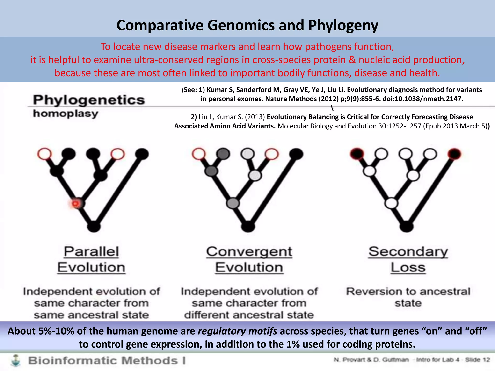 Comparative Genomics and Phylogeny
To locate new disease markers and learn how pathogens function,
it is helpful to examine ultra-conserved regions in cross-species protein & nucleic acid production,
because these are most often linked to important bodily functions, disease and health.
(See: 1) Kumar S, Sanderford M, Gray VE, Ye J, Liu Li. Evolutionary diagnosis method for variants
in personal exomes. Nature Methods (2012) p;9(9):855-6. doi:10.1038/nmeth.2147.

2) Liu L, Kumar S. (2013) Evolutionary Balancing is Critical for Correctly Forecasting Disease
Associated Amino Acid Variants. Molecular Biology and Evolution 30:1252-1257 (Epub 2013 March 5))
About 5%-10% of the human genome are regulatory motifs across species, that turn genes “on” and “off”
to control gene expression, in addition to the 1% used for coding proteins.
 
