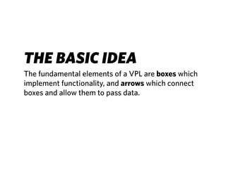 THE BASIC IDEA
The fundamental elements of a VPL are boxes which
implement functionality, and arrows which connect
boxes and allow them to pass data.
 