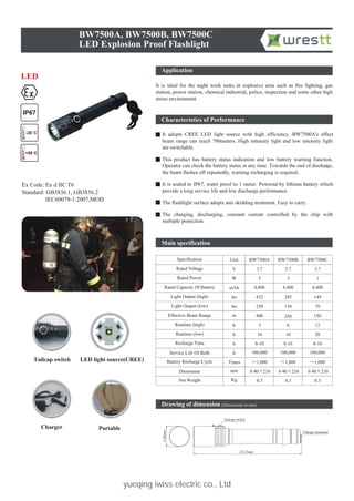 yueqing iwiss electric co., Ltd
Application
BW7500A, BW7500B, BW7500C
LED Explosion Proof Flashlight
Drawing of dimension (Dimensions in mm)
It is ideal for the night work tasks in explosive area such as fire fighting, gas
station, power station, chemical industrial, police, inspection and some other high
stress environment.
Characteristics of Performance
It adopts CREE LED light source with high efficiency. BW7500A's effect
beam range can reach 700meters. High intensity light and low intensity light
are switchable.
This product has battery status indication and low battery warning function,
Operator can check the battery status at any time. Towards the end of discharge,
the beam flashes off repeatedly, warning recharging is required.
It is sealed to IP67, water proof to 1 meter. Powered by lithium battery which
provide a long service life and low discharge performance.
The flashlight surface adopts anti skidding treatment. Easy to carry.
The charging, discharging, constant current controlled by the chip with
multiple protection.
Ex Code: Ex d IIC T6
Standard: GB3836.1, GB3836.2
IEC60079-1:2007,MOD
LED light source(CREE)Tailcap switch
Charger Portable
Specification
Rated Voltage
Rated Power
Light Output (high)
Light Output (low)
Runtime (high)
Runtime (low)
Recharge Time
Battery Recharge Cycle
Dimension
Net Weight
Effective Beam Range
mAh
Kg
BW7500A BW7500B BW7500C
3.7
5
4,400
432
10
250
100,000
8-10
40 210
0.3
3.7
3
4,400
285
10
130
40 210
0.3
3.7
1
4,400
149
20
70
40 210
0.3
mm
h
h
h
lm
V
W
8-10 8-10
1,000 1,000 1,000
3 6 12h
Unit
Times
100,000 100,000
Rated Capacity Of Battery
Service Life Of Bulb
lm
400 250 150m
40mm
Tailcap switch
Charge terminal
212.5mm
IP67
+50 C
-20 C
LED
Main specification
 