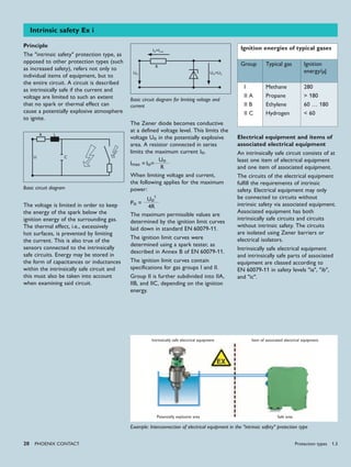 20 PHoENIx CoNTACT
Intrinsic safety Ex i
Principle
The "intrinsic safety" protection type, as
opposed to other protection types (such
as increased safety), refers not only to
individual items of equipment, but to
the entire circuit. A circuit is described
as intrinsically safe if the current and
voltage are limited to such an extent
that no spark or thermal effect can
cause a potentially explosive atmosphere
to ignite.
R L
U C
Basic circuit diagram
The voltage is limited in order to keep
the energy of the spark below the
ignition energy of the surrounding gas.
The thermal effect, i.e., excessively
hot surfaces, is prevented by limiting
the current. This is also true of the
sensors connected to the intrinsically
safe circuits. Energy may be stored in
the form of capacitances or inductances
within the intrinsically safe circuit and
this must also be taken into account
when examining said circuit.
IO=Imax
UO UO=UZ
R
Basic circuit diagram for limiting voltage and
current
The Zener diode becomes conductive
at a defined voltage level. This limits the
voltage Uo in the potentially explosive
area. A resistor connected in series
limits the maximum current Io.
Imax = Io=
Uo
R
When limiting voltage and current,
the following applies for the maximum
power:
Po =
Uo
2
4R
The maximum permissible values are
determined by the ignition limit curves
laid down in standard EN 60079-11.
The ignition limit curves were
determined using a spark tester, as
described in Annex B of EN 60079-11.
The ignition limit curves contain
specifications for gas groups I and II.
Group II is further subdivided into IIA,
IIB, and IIC, depending on the ignition
energy.
Intrinsically safe electrical equipment
Potentially explosive area
Item of associated electrical equipment
Safe area
Example: Interconnection of electrical equipment in the "intrinsic safety" protection type
Ignition energies of typical gases
Group Typical gas Ignition
energy/μJ
I
II A
II B
II C
Methane
Propane
Ethylene
Hydrogen
280
> 180
60 … 180
< 60
Electrical equipment and items of
associated electrical equipment
An intrinsically safe circuit consists of at
least one item of electrical equipment
and one item of associated equipment.
The circuits of the electrical equipment
fulfill the requirements of intrinsic
safety. Electrical equipment may only
be connected to circuits without
intrinsic safety via associated equipment.
Associated equipment has both
intrinsically safe circuits and circuits
without intrinsic safety. The circuits
are isolated using Zener barriers or
electrical isolators.
Intrinsically safe electrical equipment
and intrinsically safe parts of associated
equipment are classed according to
EN 60079-11 in safety levels "ia", "ib",
and "ic".
Protection types 1.3
 