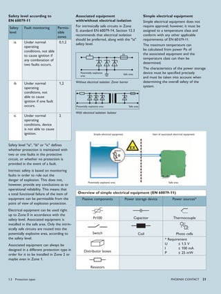 PHoENIx CoNTACT 21
Overview of simple electrical equipment (EN 60079-11)
Passive components Power storage device Power sources*
Pt100 Capacitor Thermocouple
Switch Coil Photo cells
Distributor boxes
* Requirement
U ≤ 1.5 V
I ≤ 100 mA
P ≤ 25 mW
Resistors
Simple electrical equipment
Potentially explosive area
Item of associated electrical equipment
Safe area
Associated equipment
with/without electrical isolation
For intrinsically safe circuits in Zone
0, standard EN 60079-14, Section 12.3
recommends that electrical isolation
should be preferred, along with the "ia"
safety level.
R F1
Safe area
Potentially explosive
area
Without electrical isolation: Zener barrier
Safe areaPotentially explosive area
With electrical isolation: Isolator
Safety level "ia", "ib" or "ic" defines
whether protection is maintained with
two or one faults in the protective
circuit, or whether no protection is
provided in the event of a fault.
Intrinsic safety is based on monitoring
faults in order to rule out the
danger of explosion. This does not,
however, provide any conclusions as to
operational reliability. This means that
a total functional failure of the item of
equipment can be permissible from the
point of view of explosion protection.
Electrical equipment can be used right
up to Zone 0 in accordance with the
safety level. Associated equipment is
installed in the safe area. Only the intrin-
sically safe circuits are routed into the
potentially explosive area, according to
the safety level.
Associated equipment can always be
designed in a different protection type in
order for it to be installed in Zone 2 or
maybe even in Zone 1.
Simple electrical equipment
Simple electrical equipment does not
require approval; however, it must be
assigned to a temperature class and
conform with any other applicable
requirements of EN 60 079-11.
The maximum temperature can
be calculated from power Po of
the associated equipment and the
temperature class can then be
determined.
The characteristics of the power storage
device must be specified precisely
and must be taken into account when
determining the overall safety of the
system.
Safety level according to
EN 60079-11
Safety
level
Fault monitoring Permis-
sible
zones
ia Under normal
operating
conditions, not able
to cause ignition if
any combination of
two faults occurs.
0,1,2
ib Under normal
operating
conditions, not
able to cause
ignition if one fault
occurs.
1,2
ic Under normal
operating
conditions, device
is not able to cause
ignition.
2
1.3 Protection types
 