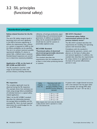 56 PHoENIx CoNTACT
Safety-related function for the Ex
area
The term SIL (safety integrity level) is
becoming more and more significant
in the field of process engineering. It
defines the requirements that a device
or a system is expected to fulfill so that
the failure probability can be specified.
The aim is to achieve maximum possible
operational reliability. If a device or
system fails, a defined state is attained.
Standard-based inspections are carried
out to determine statistical probability.
Application of SIL on the basis of
IEC 61508 and IEC 61511
The SIL standard is used for a wide
range of sub-industries within the
process industry, including chemicals,
refineries, oil and gas production, paper
manufacturing, and conventional power
generation. In addition to functional
safety, the Ex standards EN 60079-0 ff
should also be used for systems in
potentially explosive areas.
IEC 61508: Standard
"Functional safety of electrical/
electronic/programmable electronic
safety-related systems"
This standard describes the
requirements that the manufacturer has
to bear in mind when producing devices
or systems.
IEC 61511: Standard
"Functional safety. Safety
instrumented systems for the
process industry sector"
The IEC 61511 standard describes the
requirements for installing and operating
systems with functional safety.
Compliance with the standard is
determined by operators, owners, and
planners on the basis of safety plans
and national regulations. In addition, the
standard also describes the requirements
for using a device in an application on
the basis of its proven effectiveness
(proven in use).
3.2 SIL principles
(functional safety)
Standardized principles
SIL inspection
The complete signal path must be
observed during the SIL inspection.
The example shows how estimates are
made using average failure probabilities
of individual devices in a typical safety-
related application.
Table 2 of the IEC 61508-1 standard
describes the relationship between
the average failure probability and the
attainable SIL. Here, the level required
determines the overall budget for the
sum of all PFD values.
Safety
integrity
level, SIL
Operating mode with
a low demand rate
(average probability of the
specified function failing on
demand)
4 ≥ 10-5
to < 10-4
3 ≥ 10-4
to < 10-3
2 ≥ 10-3
to < 10-2
1 ≥ 10-2
to < 10-1
Safety integrity level: Limit values for failures for
a safety function which is operated in a mode
with a low demand rate.
A system with a single-channel structure
with a low demand rate has been taken
as an example; the average PFD value
lies between 10-3
and < 10-2
for SIL 2.
SIL principles (functional safety) 3.2
 