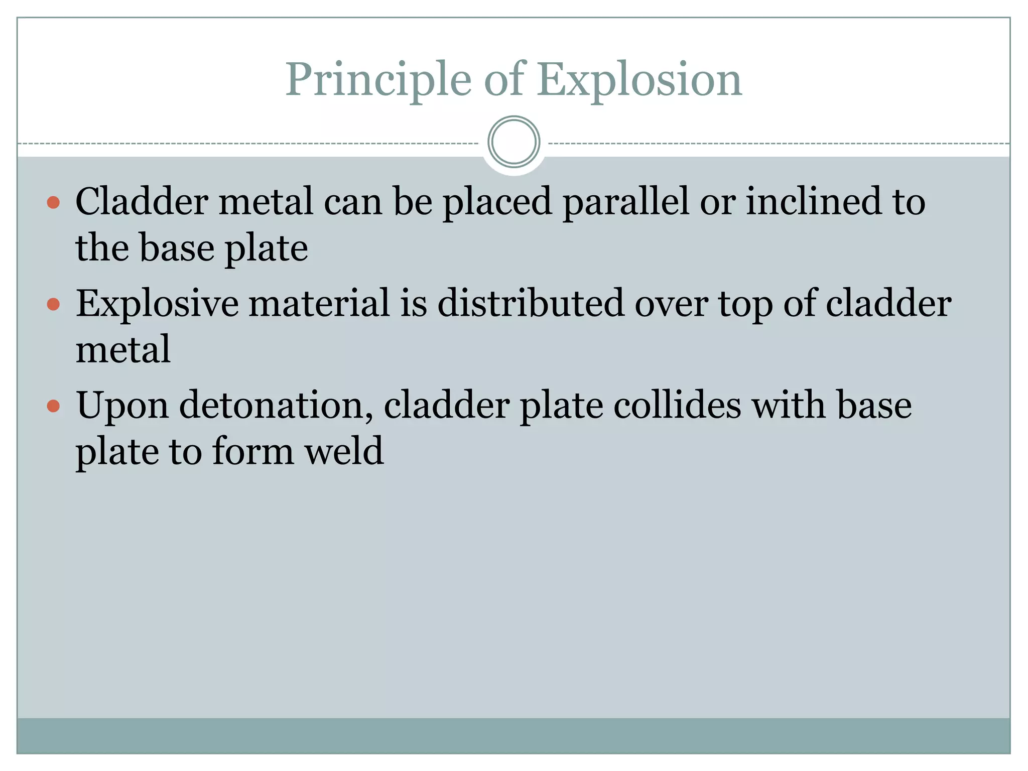 Principle of Explosion
 Cladder metal can be placed parallel or inclined to
the base plate
 Explosive material is distributed over top of cladder
metal
 Upon detonation, cladder plate collides with base
plate to form weld
 
