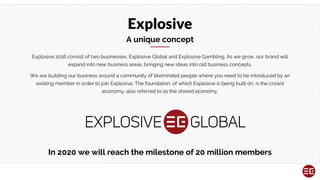 Explosive
A unique concept
Explosive 2016 consist of two businesses, Explosive Global and Explosive Gambling. As we grow, our brand will
expand into new business areas, bringing new ideas into old business concepts.
We are building our business around a community of likeminded people where you need to be introduced by an
existing member in order to join Explosive. The foundation, of which Explosive is being built on, is the crowd
economy, also referred to as the shared economy.
In 2020 we will reach the milestone of 20 million members
 