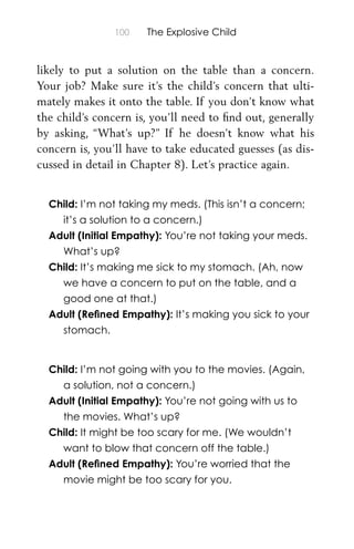 100 The Explosive Child
likely to put a solution on the table than a concern.
Your job? Make sure it’s the child’s concern that ulti-
mately makes it onto the table. If you don’t know what
the child’s concern is, you’ll need to ﬁnd out, generally
by asking, “What’s up?” If he doesn’t know what his
concern is, you’ll have to take educated guesses (as dis-
cussed in detail in Chapter 8). Let’s practice again.
Child: I’m not taking my meds. (This isn’t a concern;
it’s a solution to a concern.)
Adult (Initial Empathy): You’re not taking your meds.
What’s up?
Child: It’s making me sick to my stomach. (Ah, now
we have a concern to put on the table, and a
good one at that.)
Adult (Reﬁned Empathy): It’s making you sick to your
stomach.
Child: I’m not going with you to the movies. (Again,
a solution, not a concern.)
Adult (Initial Empathy): You’re not going with us to
the movies. What’s up?
Child: It might be too scary for me. (We wouldn’t
want to blow that concern off the table.)
Adult (Reﬁned Empathy): You’re worried that the
movie might be too scary for you.
 