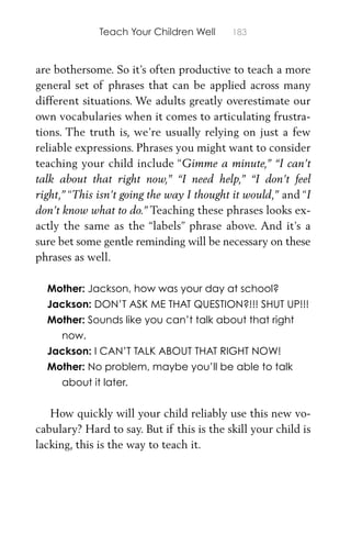Teach Your Children Well 183
are bothersome. So it’s often productive to teach a more
general set of phrases that can be applied across many
different situations. We adults greatly overestimate our
own vocabularies when it comes to articulating frustra-
tions. The truth is, we’re usually relying on just a few
reliable expressions. Phrases you might want to consider
teaching your child include “Gimme a minute,” “I can’t
talk about that right now,” “I need help,” “I don’t feel
right,” “This isn’t going the way I thought it would,” and “I
don’t know what to do.” Teaching these phrases looks ex-
actly the same as the “labels” phrase above. And it’s a
sure bet some gentle reminding will be necessary on these
phrases as well.
Mother: Jackson, how was your day at school?
Jackson: DON’T ASK ME THAT QUESTION?!!! SHUT UP!!!
Mother: Sounds like you can’t talk about that right
now.
Jackson: I CAN’T TALK ABOUT THAT RIGHT NOW!
Mother: No problem, maybe you’ll be able to talk
about it later.
How quickly will your child reliably use this new vo-
cabulary? Hard to say. But if this is the skill your child is
lacking, this is the way to teach it.
 