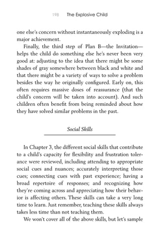 198 The Explosive Child
one else’s concern without instantaneously exploding is a
major achievement.
Finally, the third step of Plan B—the Invitation—
helps the child do something else he’s never been very
good at: adjusting to the idea that there might be some
shades of gray somewhere between black and white and
that there might be a variety of ways to solve a problem
besides the way he originally conﬁgured. Early on, this
often requires massive doses of reassurance (that the
child’s concern will be taken into account). And such
children often beneﬁt from being reminded about how
they have solved similar problems in the past.
Social Skills
In Chapter 3, the different social skills that contribute
to a child’s capacity for ﬂexibility and frustration toler-
ance were reviewed, including attending to appropriate
social cues and nuances; accurately interpreting those
cues; connecting cues with past experience; having a
broad repertoire of responses; and recognizing how
they’re coming across and appreciating how their behav-
ior is affecting others. These skills can take a very long
time to learn. Just remember, teaching these skills always
takes less time than not teaching them.
We won’t cover all of the above skills, but let’s sample
 