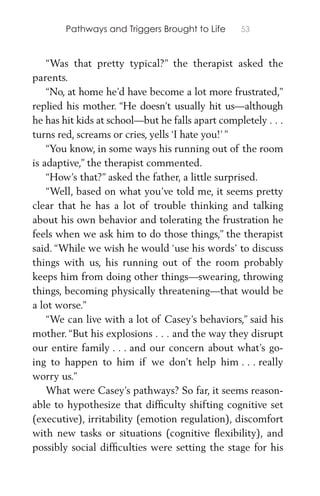 Pathways and Triggers Brought to Life 53
“Was that pretty typical?” the therapist asked the
parents.
“No, at home he’d have become a lot more frustrated,”
replied his mother. “He doesn’t usually hit us—although
he has hit kids at school—but he falls apart completely . . .
turns red, screams or cries, yells ‘I hate you!’”
“You know, in some ways his running out of the room
is adaptive,” the therapist commented.
“How’s that?” asked the father, a little surprised.
“Well, based on what you’ve told me, it seems pretty
clear that he has a lot of trouble thinking and talking
about his own behavior and tolerating the frustration he
feels when we ask him to do those things,” the therapist
said. “While we wish he would ‘use his words’ to discuss
things with us, his running out of the room probably
keeps him from doing other things—swearing, throwing
things, becoming physically threatening—that would be
a lot worse.”
“We can live with a lot of Casey’s behaviors,” said his
mother. “But his explosions . . . and the way they disrupt
our entire family . . . and our concern about what’s go-
ing to happen to him if we don’t help him . . . really
worry us.”
What were Casey’s pathways? So far, it seems reason-
able to hypothesize that difﬁculty shifting cognitive set
(executive), irritability (emotion regulation), discomfort
with new tasks or situations (cognitive ﬂexibility), and
possibly social difﬁculties were setting the stage for his
 