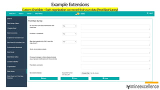 ExampleExtensions
CustomChecklists–Eachorganizationcanrecordtheirowndata(PostBlastSurvey)
 