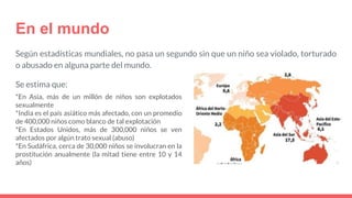 En el mundo
Según estadísticas mundiales, no pasa un segundo sin que un niño sea violado, torturado
o abusado en alguna parte del mundo.
Se estima que:
*En Asia, más de un millón de niños son explotados
sexualmente
*India es el país asiático más afectado, con un promedio
de 400,000 niños como blanco de tal explotación
*En Estados Unidos, más de 300,000 niños se ven
afectados por algún trato sexual (abuso)
*En Sudáfrica, cerca de 30,000 niños se involucran en la
prostitución anualmente (la mitad tiene entre 10 y 14
años)
 