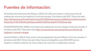 Fuentes de información:
•Comisión Interamericana de Mujeres. (2014). El tráfico de mujeres y niños para fines de
explotación sexual en las Américas. Fecha de consulta: 2 de febrero del 2017. Dirección web:
http://portal.oas.org/Portal/Topic/Comisi%C3%B3nInteramericanadeMujeres/Documentos/
Proyectos/Tr%C3%A1ficodeMujeresyNi%C3%B1os/tabid/737/Default.aspx
•CIMANCNOTICIAS. (2006). Una historia de explotación sexual y drogas. Fecha de consulta: 4
de febrero del 2017. Dirección web: http://cimacnoticias.com.mx/noticia/una-historia-de-
explotaci-n-sexual-y-drogas
•Animal Político. (2014). Éstas son las rutas de explotación sexual en México. Fecha de consulta: 4
de febrero del 2017. Dirección web: http://www.animalpolitico.com/2014/09/mexico-
exporta-e-importa-victimas-de-trata-conoce-las-rutas-de-la-explotacion-sexual/
 