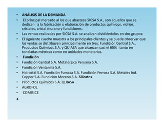 •   ANÁLISIS DE LA DEMANDA
•    El principal mercado al los que abastece SICSA S.A., son aquellos que se
    dedican a la fabricación o elaboración de productos químicos, vidrios,
    cristales, cristal murano y fundiciones.
•   Las ventas realizadas por SICSA S.A. se analizan dividiéndolos en dos grupos:
•   El siguiente cuadro muestra a los principales clientes y se puede observar que
    las ventas se distribuyen principalmente en tres: Fundición Central S.A.,
    Productos Químicos S.A. y QUIASA que alcanzan casi el 65% tanto en
    toneladas métricas como en unidades monetarias.
•    Fundición
•   Fundición Central S.A. Metalúrgica Peruana S.A.
•   Fundición Ventanilla S.A.
•   Hidrostal S.A. Fundición Fumasa S.A. Fundición Ferrosa S.A. Metales Ind.
    Copper S.A. Fundición Moreno S.A. Silicatos
•   Productos Químicos S.A. QUIASA
•   AGROFOL
•    COMISICE
•
 