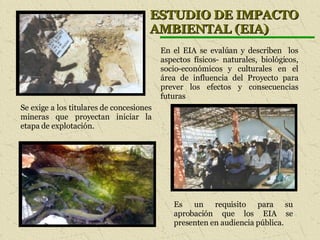ESTUDIO DE IMPACTO AMBIENTAL (EIA) Se exige a los titulares de concesiones mineras que proyectan iniciar la etapa de explotación. En el EIA se evalúan y describen  los aspectos físicos- naturales, biológicos, socio-económicos y culturales en el área de influencia del Proyecto para prever los efectos y consecuencias futuras Es un requisito para su aprobación que los EIA se presenten en audiencia pública. 