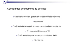 Coeficientes geométricos de destape
 Coeficiente medio o global : en un determinado momento
 RM = VE / VM
 Coeficiente incremental : en una profundización o ampliación
 RI = incremento VE / incremento VM
 Coeficiente temporal: en un periodo de vida dado.
 RT = VEt / VMt
 