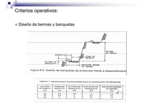 Criterios operativos:
 Diseño de bermas y banquetas
 