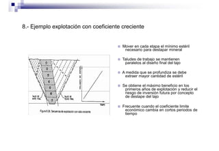 8.- Ejemplo explotación con coeficiente creciente
 Mover en cada etapa el mínimo estéril
necesario para destapar mineral
 Taludes de trabajo se mantienen
paralelos al diseño final del tajo
 A medida que se profundiza se debe
extraer mayor cantidad de estéril
 Se obtiene el máximo beneficio en los
primeros años de explotación y reducir el
riesgo de inversión futura por concepto
de destape del tajo
 Frecuente cuando el coeficiente limite
económico cambia en cortos periodos de
tiempo
 