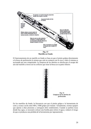 20
Fig. 13
Martillo en Fondo
El funcionamiento de un martillo en fondo se basa en que el pistón golpea directamente
a la broca de perforación la misma que está en contacto con la roca y todo el sistema es
accionado por aire comprimido. La limpieza de los detritos se efectúa por el escape del
aire del martillo a través de los orificios que tiene la broca en su parte inferior.
En los martillos de fondo, la frecuencia con que el pistón golpea a la herramienta de
corte y avance oscila entre 600 y 1600 golpes por minuto. Actualmente, existen equipos
que operan a altas presiones y consiguen altos rendimientos. Cuando se perfora rocas
donde hay agua, es necesario colocar una bomba para retirar el agua y reducir el riesgo
de que se produzca una pérdida de la herramienta por taponamiento.
Fig. 14
Limpieza de los detritos de
perforación
 