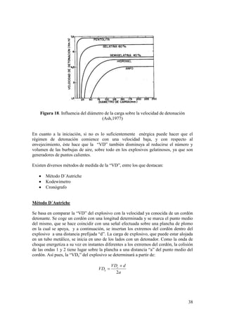 38
Figura 18. Influencia del diámetro de la carga sobre la velocidad de detonación
(Ash,1977)
En cuanto a la iniciación, si no es lo suficientemente enérgica puede hacer que el
régimen de detonación comience con una velocidad baja, y con respecto al
envejecimiento, éste hace que la “VD” también disminuya al reducirse el número y
volumen de las burbujas de aire, sobre todo en los explosivos gelatinosos, ya que son
generadores de puntos calientes.
Existen diversos métodos de medida de la “VD”, entre los que destacan:
Método D´Autriche
Kodewimetro
Cronógrafo
Método D´Autriche
Se basa en comparar la “VD” del explosivo con la velocidad ya conocida de un cordón
detonante. Se coge un cordón con una longitud determinada y se marca el punto medio
del mismo, que se hace coincidir con una señal efectuada sobre una plancha de plomo
en la cual se apoya, y a continuación, se insertan los extremos del cordón dentro del
explosivo a una distancia prefijada “d”. La carga de explosivo, que puede estar alojada
en un tubo metálico, se inicia en uno de los lados con un detonador. Como la onda de
choque energetiza a su vez en instantes diferentes a los extremos del cordón, la colisión
de las ondas 1 y 2 tiene lugar sobre la plancha a una distancia “a” del punto medio del
cordón. Así pues, la “VDe” del explosivo se determinará a partir de:
a
dVD
VD c
e
2
 