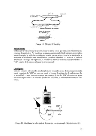 39
Figura 19. Método D´Autriche
Kodewimetro
Se basa en la variación de la resistencia de un cable sonda que atraviesa axialmente una
columna de explosivo. Por medio de un equipo, denominado Kodewimetro, conectado a
un osciloscopio se mide la variación de tensión que es proporcional a la resistencia, al
mantener en el circuito una intensidad de corriente constante. Al avanzar la onda de
detonación a lo largo del explosivo, la resistencia eléctrica disminuye determinándose la
“VD” a partir de la tensión a la cual es proporcional.
Cronógrafo
Con dos sensores introducidos en el explosivo y colocados a una distancia determinada,
puede calcularse la “VD” sin más que medir el tiempo de activación de cada sensor. En
la actualidad, existen instrumentos que son capaces de dar la “VD” directamente y con
una elevada precisión. Los sensores pueden ser eléctricos, o más modernamente de fibra
óptica.
Figura 20. Medida de la velocidad de detonación con cronógrafo (Kontinitro A. G.).
 