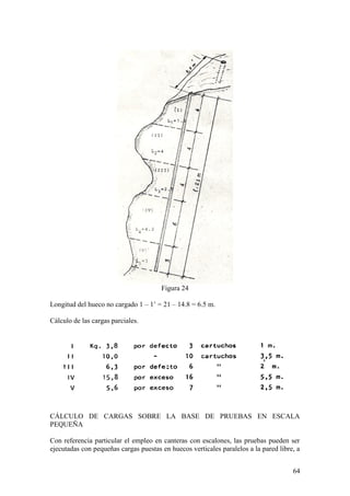 64
Figura 24
Longitud del hueco no cargado 1 – 1’ = 21 – 14.8 = 6.5 m.
Cálculo de las cargas parciales.
CÁLCULO DE CARGAS SOBRE LA BASE DE PRUEBAS EN ESCALA
PEQUEÑA
Con referencia particular el empleo en canteras con escalones, las pruebas pueden ser
ejecutadas con pequeñas cargas puestas en huecos verticales paralelos a la pared libre, a
 