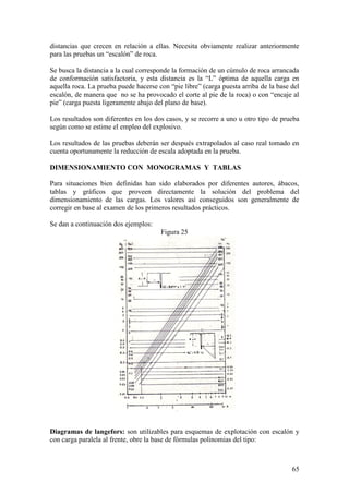 65
distancias que crecen en relación a ellas. Necesita obviamente realizar anteriormente
para las pruebas un “escalón” de roca.
Se busca la distancia a la cual corresponde la formación de un cúmulo de roca arrancada
de conformación satisfactoria, y esta distancia es la “L” óptima de aquella carga en
aquella roca. La prueba puede hacerse con “pie libre” (carga puesta arriba de la base del
escalón, de manera que no se ha provocado el corte al pie de la roca) o con “encaje al
pie” (carga puesta ligeramente abajo del plano de base).
Los resultados son diferentes en los dos casos, y se recorre a uno u otro tipo de prueba
según como se estime el empleo del explosivo.
Los resultados de las pruebas deberán ser después extrapolados al caso real tomado en
cuenta oportunamente la reducción de escala adoptada en la prueba.
DIMENSIONAMIENTO CON MONOGRAMAS Y TABLAS
Para situaciones bien definidas han sido elaborados por diferentes autores, ábacos,
tablas y gráficos que proveen directamente la solución del problema del
dimensionamiento de las cargas. Los valores así conseguidos son generalmente de
corregir en base al examen de los primeros resultados prácticos.
Se dan a continuación dos ejemplos:
Figura 25
Diagramas de langefors: son utilizables para esquemas de explotación con escalón y
con carga paralela al frente, obre la base de fórmulas polinomias del tipo:
 