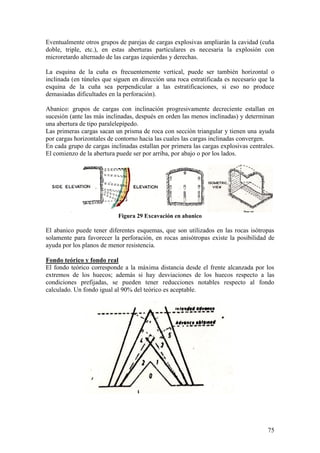 75
Eventualmente otros grupos de parejas de cargas explosivas ampliarán la cavidad (cuña
doble, triple, etc.), en estas aberturas particulares es necesaria la explosión con
microretardo alternado de las cargas izquierdas y derechas.
La esquina de la cuña es frecuentemente vertical, puede ser también horizontal o
inclinada (en túneles que siguen en dirección una roca estratificada es necesario que la
esquina de la cuña sea perpendicular a las estratificaciones, si eso no produce
demasiadas dificultades en la perforación).
Abanico: grupos de cargas con inclinación progresivamente decreciente estallan en
sucesión (ante las más inclinadas, después en orden las menos inclinadas) y determinan
una abertura de tipo paralelepípedo.
Las primeras cargas sacan un prisma de roca con sección triangular y tienen una ayuda
por cargas horizontales de contorno hacia las cuales las cargas inclinadas convergen.
En cada grupo de cargas inclinadas estallan por primera las cargas explosivas centrales.
El comienzo de la abertura puede ser por arriba, por abajo o por los lados.
Figura 29 Excavación en abanico
El abanico puede tener diferentes esquemas, que son utilizados en las rocas isótropas
solamente para favorecer la perforación, en rocas anisótropas existe la posibilidad de
ayuda por los planos de menor resistencia.
Fondo teórico y fondo real
El fondo teórico corresponde a la máxima distancia desde el frente alcanzada por los
extremos de los huecos; además si hay desviaciones de los huecos respecto a las
condiciones prefijadas, se pueden tener reducciones notables respecto al fondo
calculado. Un fondo igual al 90% del teórico es aceptable.
 