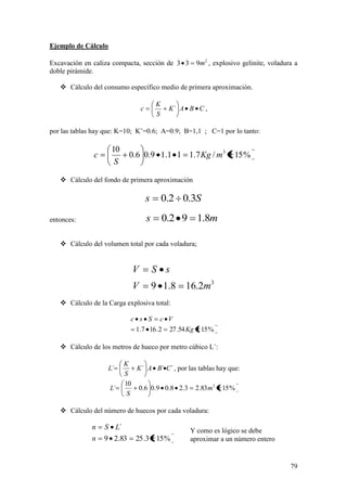 79
Ejemplo de Cálculo
Excavación en caliza compacta, sección de 2
933 m , explosivo gelinite, voladura a
doble pirámide.
 Cálculo del consumo específico medio de primera aproximación.
CBAK
S
K
c ´ ,
por las tablas hay que: K=10; K¨=0.6; A=0.9; B=1,1 ; C=1 por lo tanto:
%15/7.111.19.06.0
10 3
mKg
S
c
 Cálculo del fondo de primera aproximación
Ss 3.02.0
entonces: ms 8.192.0
 Cálculo del volumen total por cada voladura;
3
2.168.19 mV
sSV
 Cálculo de la Carga explosiva total:
%1554.272.167.1 Kg
VcSsc
 Cálculo de los metros de hueco por metro cúbico L´:
´´´´ CBAK
S
K
L , por las tablas hay que:
%1583.23.28.09.06.0
10
´ 3
m
S
L
 Cálculo del número de huecos por cada voladura:
%153.2583.29
´
n
LSn Y como es lógico se debe
aproximar a un número entero
 