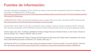 Fuentes de información:
•Comisión Interamericana de Mujeres. (2014). El tráfico de mujeres y niños para fines de explotación sexual en las Américas. Fecha
de consulta: 2 de febrero del 2017. Dirección web:
http://portal.oas.org/Portal/Topic/Comisi%C3%B3nInteramericanadeMujeres/Documentos/Proyectos/Tr%C3%A1ficodeMujeresyNi%C3
%B1os/tabid/737/Default.aspx
•CIMANCNOTICIAS. (2006). Una historia de explotación sexual y drogas. Fecha de consulta: 4 de febrero del 2017. Dirección web:
http://cimacnoticias.com.mx/noticia/una-historia-de-explotaci-n-sexual-y-drogas
•Animal Político. (2014). Éstas son las rutas de explotación sexual en México. Fecha de consulta: 4 de febrero del 2017. Dirección
web: http://www.animalpolitico.com/2014/09/mexico-exporta-e-importa-victimas-de-trata-conoce-las-rutas-de-la-explotacion-sexual/
•Gómez Tagle López, Erick, “Fortalezas y debilidades del Nuevo Código Penal para el Distrito Federal”, en Iter Criminis. Revista de
Ciencias Penales, núm. 5, México, INACIPE, 2003, pp. 65-97.
•3 Organización Internacional del Trabajo, Programa Internacional para la Eliminación del Trabajo Infantil, Unbearable to the Human
Heart: Child trafficking and action to eliminate it, OIT, Ginebra, 2000, pág. 17.
•El Universal. (2014). Los 10 países con mayor número de esclavitud moderna. Fecha de consulta: 31 de enero del 2017. Dirección
web: http://archivo.eluniversal.com.mx/el-mundo/2014/los-10-paises-con-mayorindice-de-esclavitud-moderna-1054806.html
 