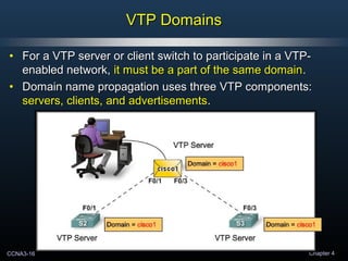 CCNA3-16 Chapter 4
VTP DomainsVTP Domains
• For a VTP server or client switch to participate in a VTP-For a VTP server or client switch to participate in a VTP-
enabled network,enabled network, it must be a part of the same domainit must be a part of the same domain..
• Domain name propagation uses three VTP components:Domain name propagation uses three VTP components:
servers, clients, and advertisementsservers, clients, and advertisements..
 