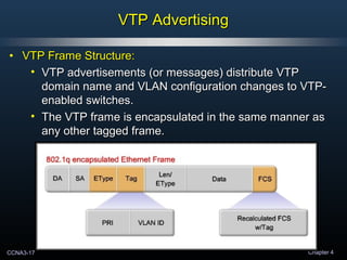 CCNA3-17 Chapter 4
VTP AdvertisingVTP Advertising
• VTP Frame Structure:VTP Frame Structure:
• VTP advertisements (or messages) distribute VTPVTP advertisements (or messages) distribute VTP
domain name and VLAN configuration changes to VTP-domain name and VLAN configuration changes to VTP-
enabled switches.enabled switches.
• The VTP frame is encapsulated in the same manner asThe VTP frame is encapsulated in the same manner as
any other tagged frame.any other tagged frame.
 