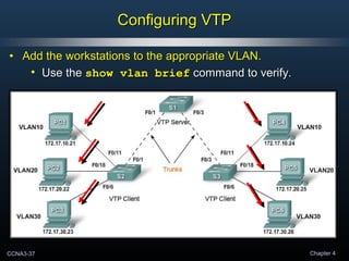 CCNA3-37 Chapter 4
Configuring VTPConfiguring VTP
• Add the workstations to the appropriate VLAN.Add the workstations to the appropriate VLAN.
• Use theUse the show vlan briefshow vlan brief command to verify.command to verify.
 