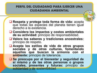 PERFIL DEL CIUDADANO PARA EJERCER UNA 
CIUDADANIA AMBIENTAL 
 Respeta y protege toda forma de vida: acepta 
que todas las especies del planeta tienen igual 
derecho a la existencia. 
 Considera los impactos y costos ambientales 
de su actividad: principio de responsabilidad. 
 Valora los saberes y tradiciones ancestrales: 
principio de respeto. 
 Acepta los estilos de vida de otros grupos 
sociales y de otras culturas, fomentando 
aquellos que buscan la armonía con el 
ambiente: principio de tolerancia. 
 Se preocupa por el bienestar y seguridad de 
sí mismo y de las otras personas o grupos 
sociales, presentes y futuras: principio de 
solidaridad y de sostenibilidad. 
 